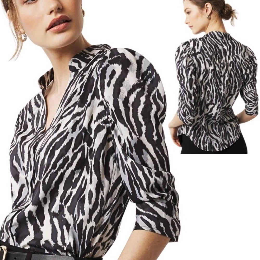 White House Black Market Zebra Print V-Neck Blouse 3/4 Sleeve Black White 12
